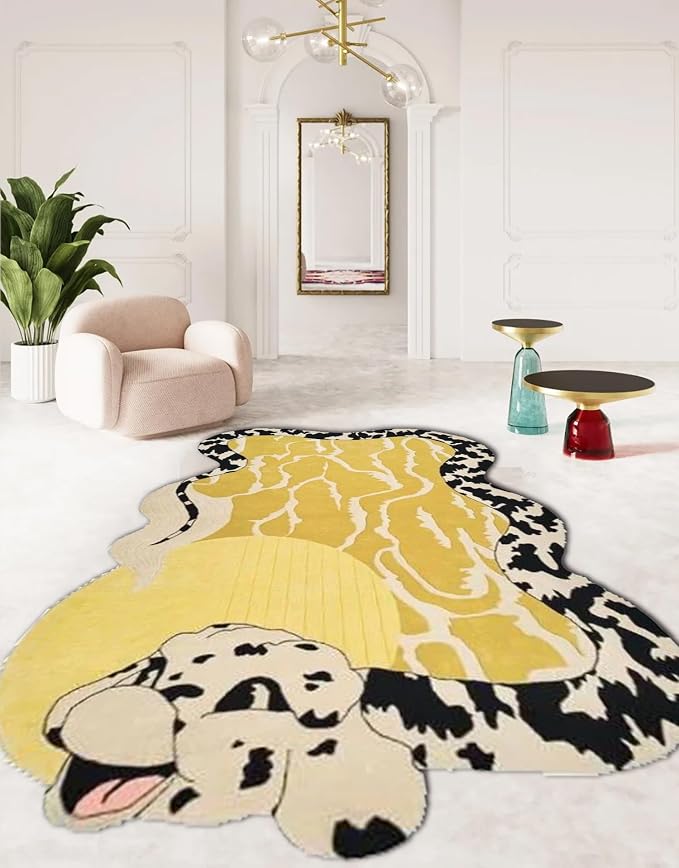 Bright Yellow Black and White Spots Snake Rug for Living Room Bedroom Guestroom Non Shedding Faux Wool Area Rug Fun Animal Shaped Rugs Vibrant Art Playroom Nursery Room Anti Slip Durable Carpet 5x8