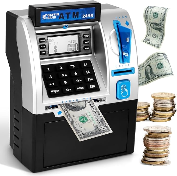 ATM Piggy Bank for Real Money – Mini ATM Bank Machine with Card & PIN, Coin & Note Recognition, Balance Calculator – Fun Electronic ATM Savings Bank for Teenagers & Adults