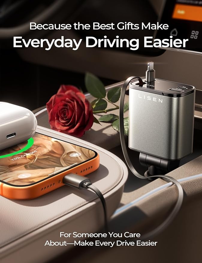 LISEN Retractable Car Charger, for Gifts for Him Her, 69W Cars Adapter USB C Fast Charger for iPhone 17-11, Car Accessories Gadgets for Men, Anniversary Birthday Gifts for Men Women, for Samsung