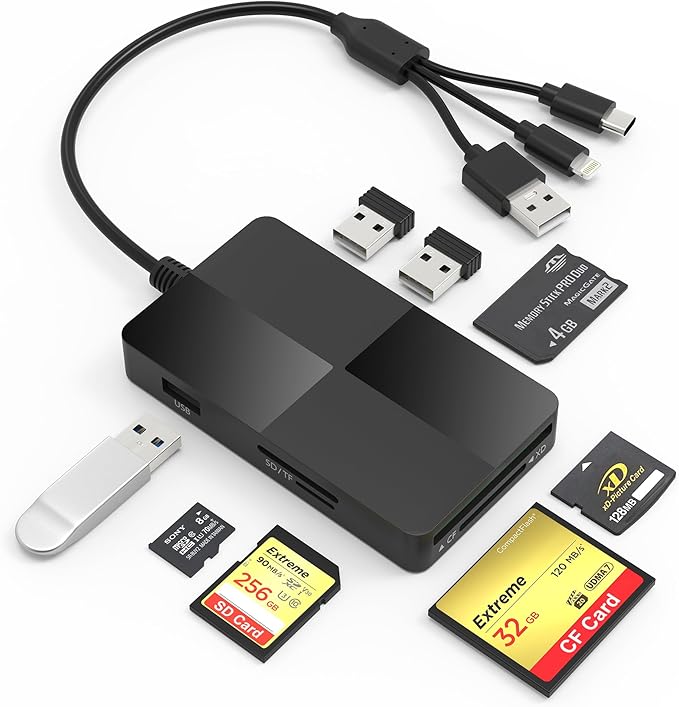 Memory Stick pro Duo Adapter Reader - 8 in 1 SD/TF/MS/CF/XD Card Reader for iPhone/Computer/USB-C Device, Lightning+USB A+USB C Multi Memory Card Reader with 3 USB 2.0 Ports, XD Picture Card Reader