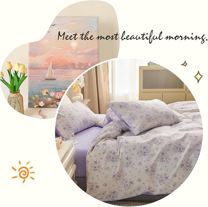 LifeTB Purple Flower Duvet Cover Full 100% Cotton Girls Floral Comforter Cover Vintage Style Botanical Flower Boho Floral Cottagecore Comforter Cover with 2 Pillowcases