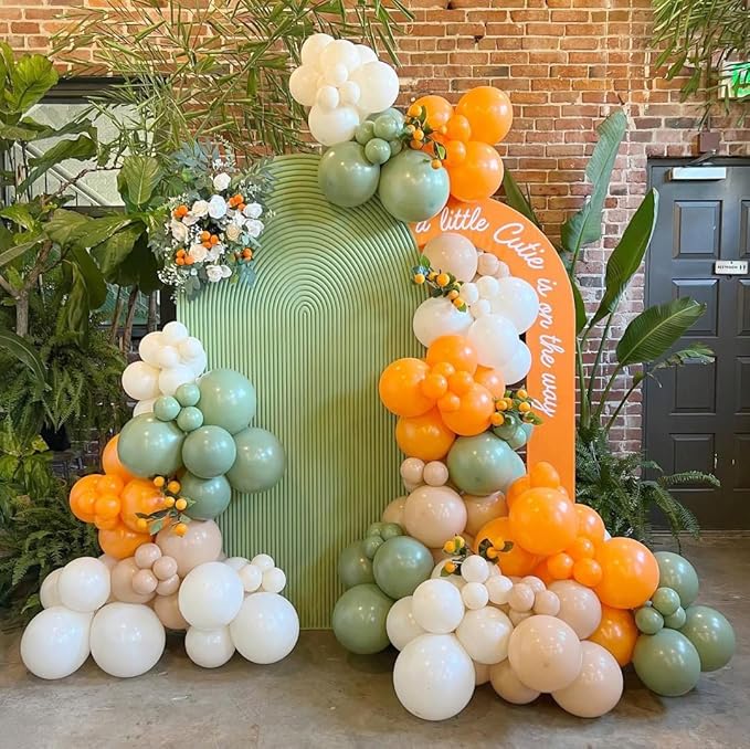 Little Cutie Baby Shower Balloons Arch Kit, 162pcs Orange Sage Green Nude Pearl White and Metallic Gold Balloons for A Little Cutie is on the Way Baby Shower 1st Birthday Party Decorations