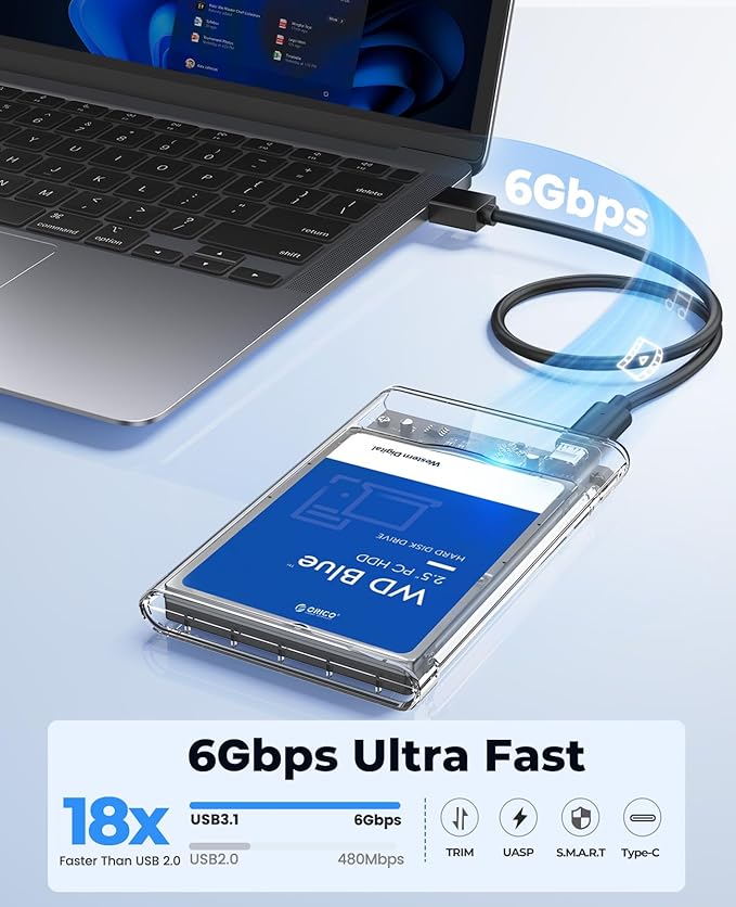 ORICO 2.5 inch Hard Drive Enclosure SATA to USB C 3.1 6Gbps External Hard Drive Case for 7/9.5mm HDD/SSD Support UASP Up to 6TB -2139C3-CR