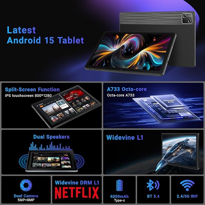 Tablet, 10 inch tablet Android 15 with Octa-core Processor, 30GB+128GB+1TB Expand, 6200mAh, 15W Fast Charge, 1280x800 HD IPS Screen, WiFi 6, BT 5.4, Dual Camera, Widevine L1 support, GMS Certified