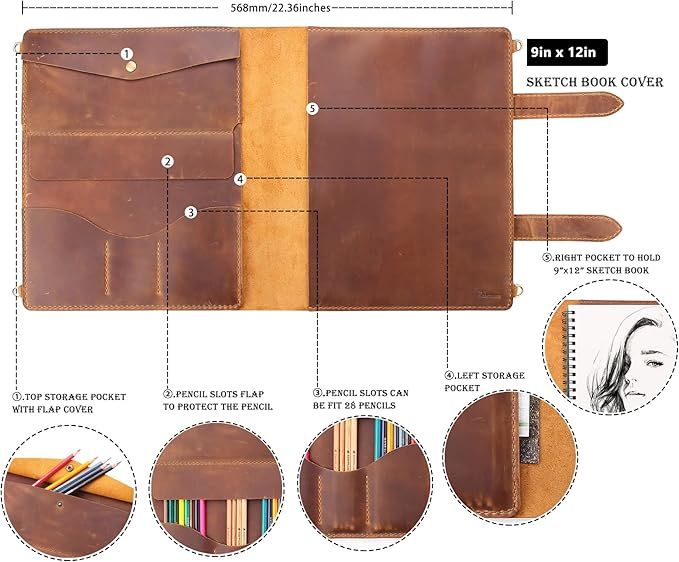 Robrasim Handmade Leather Sketchbook Cover, Artist Sketch Pad Holder for 9"X12" Sketchbook, Drawing Book and Pencil Case, Journal Notebook Portfolio with Shoulder Strap, Artist Gifts, Brown