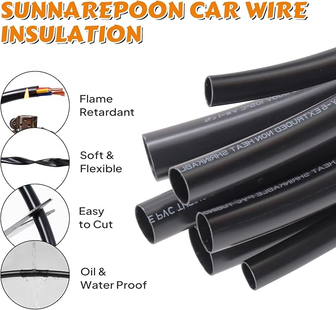 SUNNAREPOON Black Wire Harness Tubing, Car Unshrinkable Insulation Cord Sleeve for Wire Shielding Sheathing Organizer/Protection/Covering (1/4''(7MM) - 10FT(120INCH))