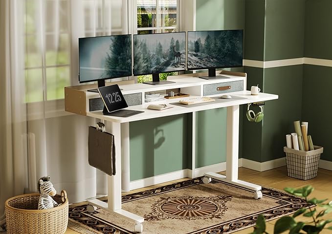 Claiks Standing Desk with Drawers, Adjustable Stand Up Electric Standing Desk Adjustable Height with Storage Shelf and Splice Board, 59 Inch, White