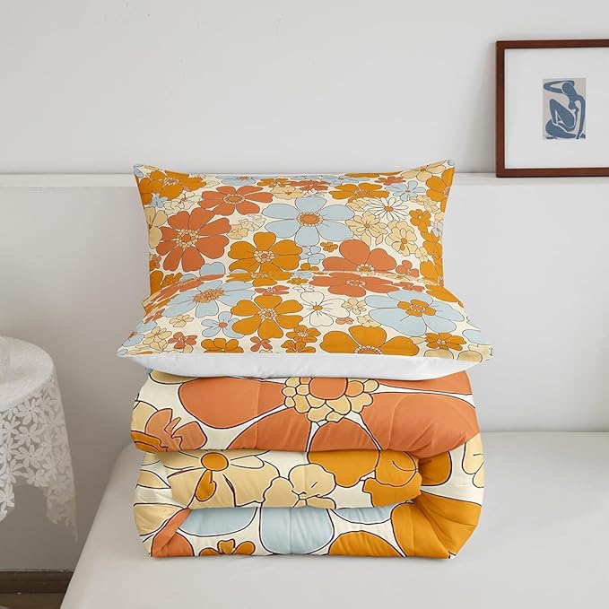 Castle Fairy Retro 70s 60s Floral Hippie Comforter Set Twin Size,Summer Groovy Flowers Quilt Set for Kids Boys Bedroom Collection,Boho Plant Polyester Bedding with 1 Pillowcase,2Pcs