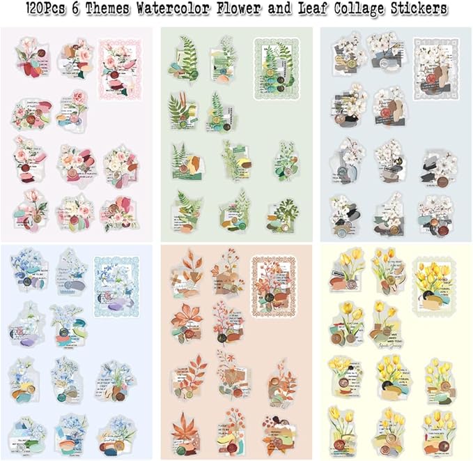 Dwpetzo 6 Assorted Watercolor Mixed Floral Leaf Collage Stickers for Journaling, 120Pcs Decorative Background PET Stickers for Scrapbooking, Junk Journal Supplies, Card Making