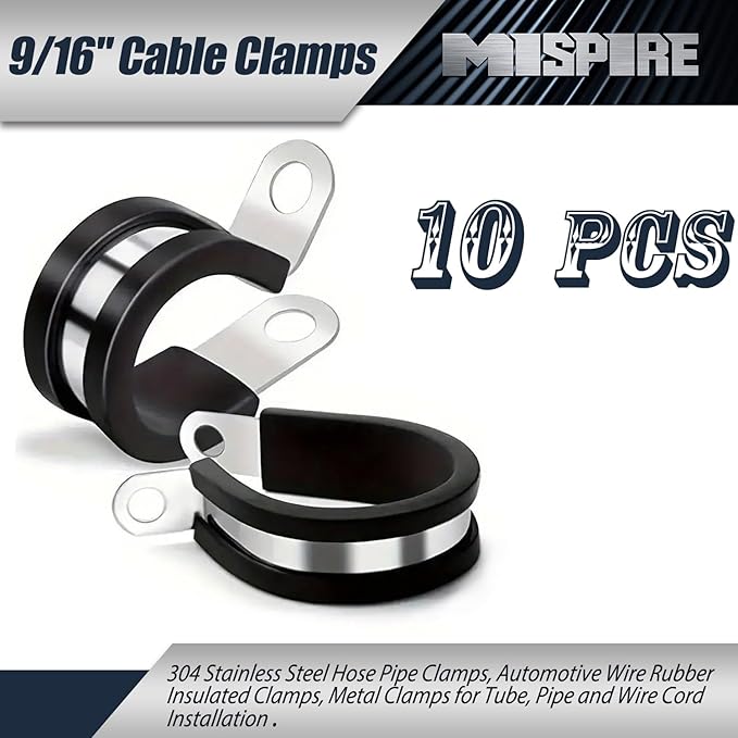 MISPIRE 9/16 Inch Rubber Cable Clamps, 304 Stainless Steel Hose and Pipe Clamps, Automotive Wire Insulated Tubing Fasteners for Cord & Wire Installation, 10-Pack