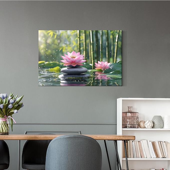 Ethereal pink lotus on obsidian Sunlit bamboo forest with sparkling water drops Poetic nature inspired wall art for tranquil homes and mindful spaces 20x30in Wood Framed