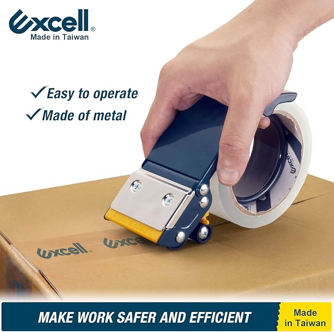 Excell ET-22686 Anti-Backflow Metal Packaging Tape Dispenser (2" Wide) with 2 Roll Tapes for Packaging, Transportation, Moving and Box Sealing Carton (Tape Gun + 2 Tapes)