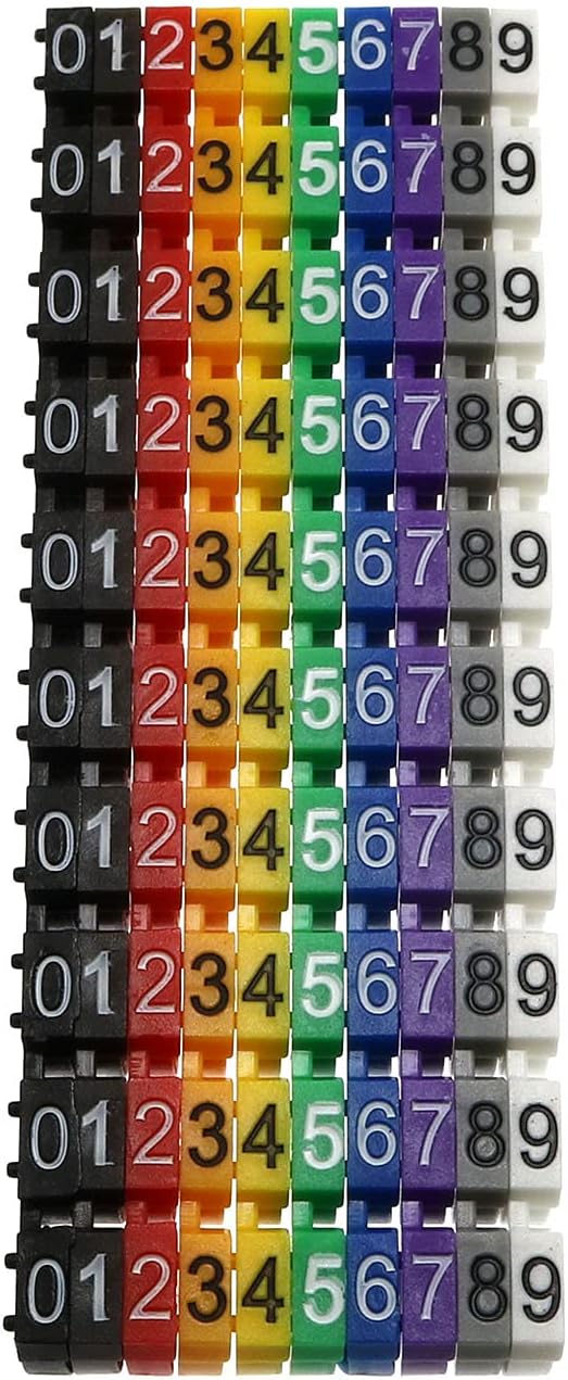 100pcs 6mm Colourful C-Type Marker Number Tag Label for 6-10mm Wire, Cable Markers in A Box for RJ45 Cat6 and Cat5E, RG TV Cables