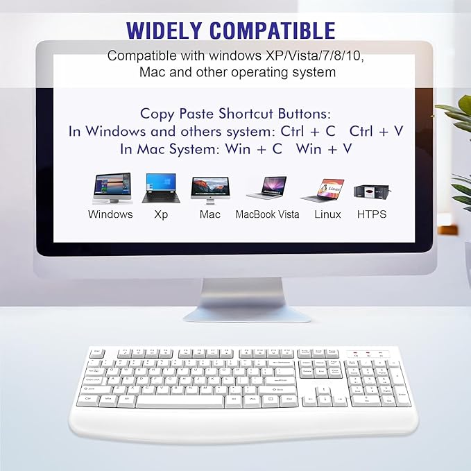 QUASIO Wireless Keyboard, 2.4G Full-Sized Ergonomic Wireless Computer Keyboard with Wrist Rest for Windows, Mac OS Laptop/PC/Desktop/Notebook(Off White)