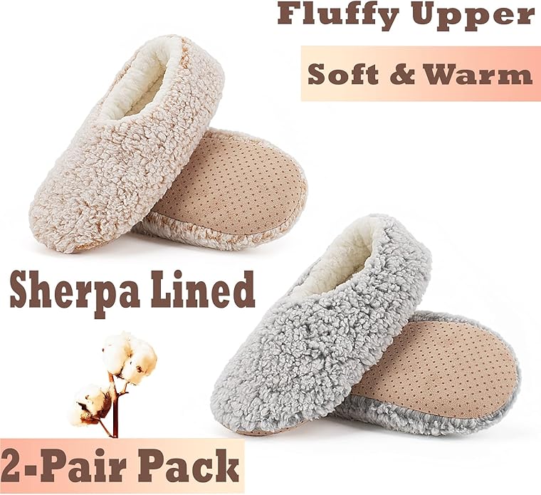 Cozylook 2-Pair Women's Soft Sole Slipper Socks with Grippers, Thick Warm Cozy Sherpa Lined Home Socks Set, Cable Knitted Non-slip Fluffy Winter House Bedroom Slippers