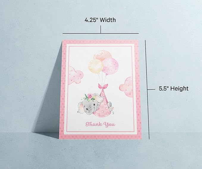 Twigs Baby Shower Thank You Cards with Envelopes - 12 Set Baby Shower Cards for Girl, New Baby Congratulations Cards, Welcome Baby Card, Made in the USA - Pink Elephant Designs, 5.5 x 4.25 Inch Size