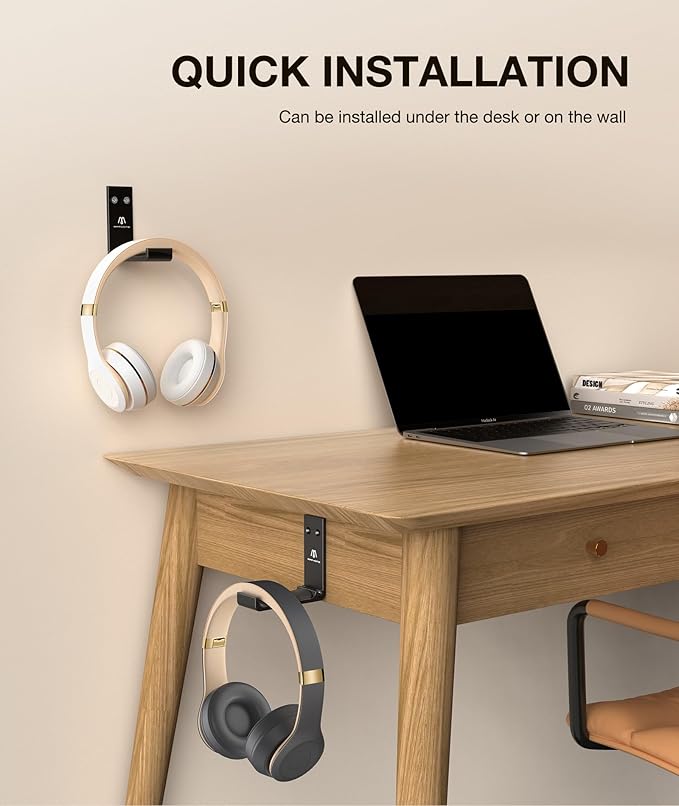 APPHOME Headphone Stand Hanger Foldable Wall Hooks, Save Space Durable Aluminum Headset Stand Holder for Universal Gaming Headset, Strong Adhesive, Black