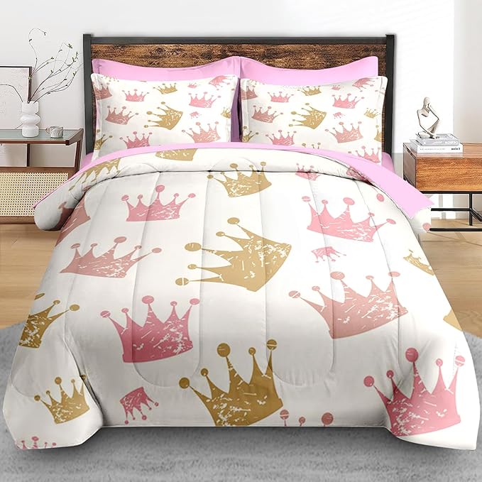 Comforter Set Twin Size, Cute Kids Crown 5 Pcs Bedding for Kids and Adults, Pink Princess Girls Bed Sheet Sets with Fitted Sheet Pillowcase & Sham for Bedroom Bed Decor