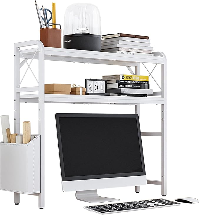 VERSASKY Desktop Shelves, Monitor Stand with Adjustable Shelves and Side Pockets, 2-Tier Desktop Bookshelf Organizer, Large Capacity Display Shelf Rack, Desk Hutch for Home Office, Study Room, White