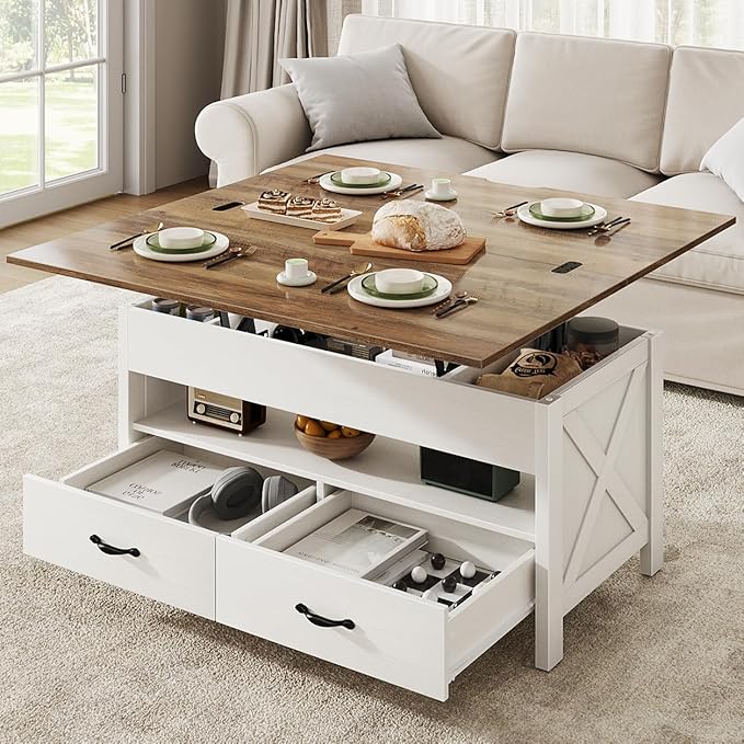 Marsail 40" Lift Top Coffee Table, 4 in 1 Coffee Table with Hidden Compartment, 1 Open Shelf and 2 Drawers, Multifunctional Farmhouse Center Table for Living Room and Home Office, Brown and White