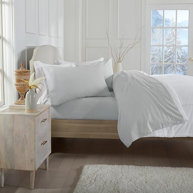 Market & Place 100% Cotton King Flannel Sheet Set | 4 Piece Deep Pocket Solid Cozy Winter Bed Sheets | Double Brushed for Extra Softness & Comfort | Chalet Collection (King, Light Grey)