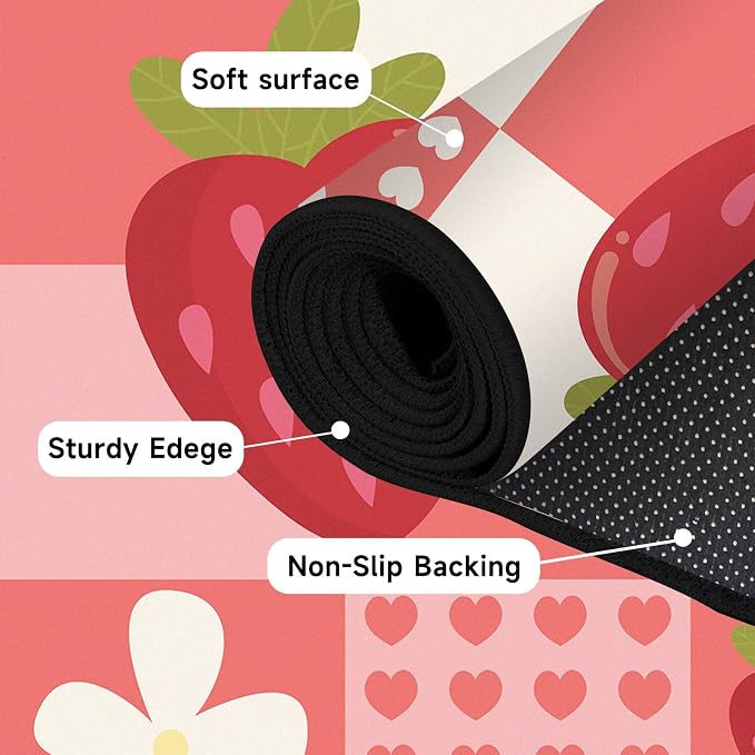 Strawberry Checkered Rug Cute Red Area Rug Love Flower Washable Carpet for Entryway Bedroom Living Room Kitchen Nursery Home Decor Soft Non Slip Floor Mat，2'x3'