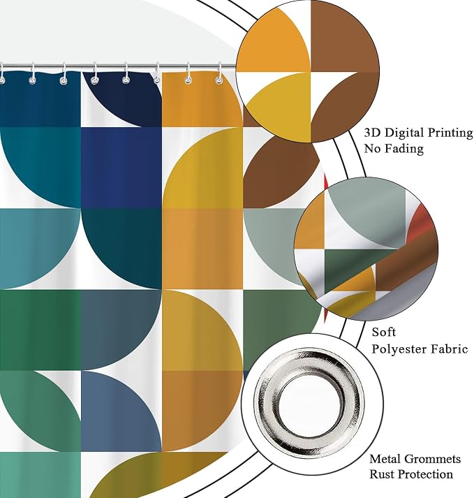 Colorful Mid Century Modern Shower Curtain, Boho Abstract Geometric Retro Art Shower Curtains for Bathroom, Rainbow Unique Cute Pattern Polyester Fabric Bathroom Set 12 Hooks 72X72IN