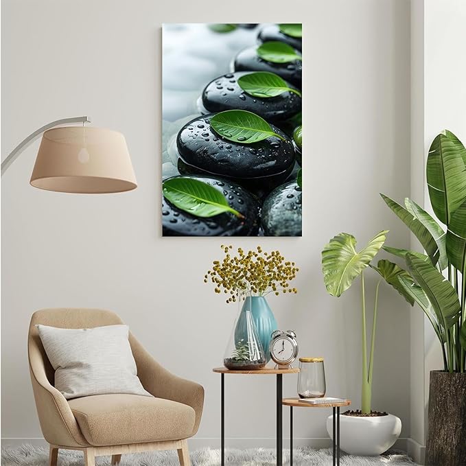 Glittering black stone cluster with fresh green leaves and water drops poster tranquil mist rain wall art zen wall art suitable for modern minimalist home decor 32x48in Frameless