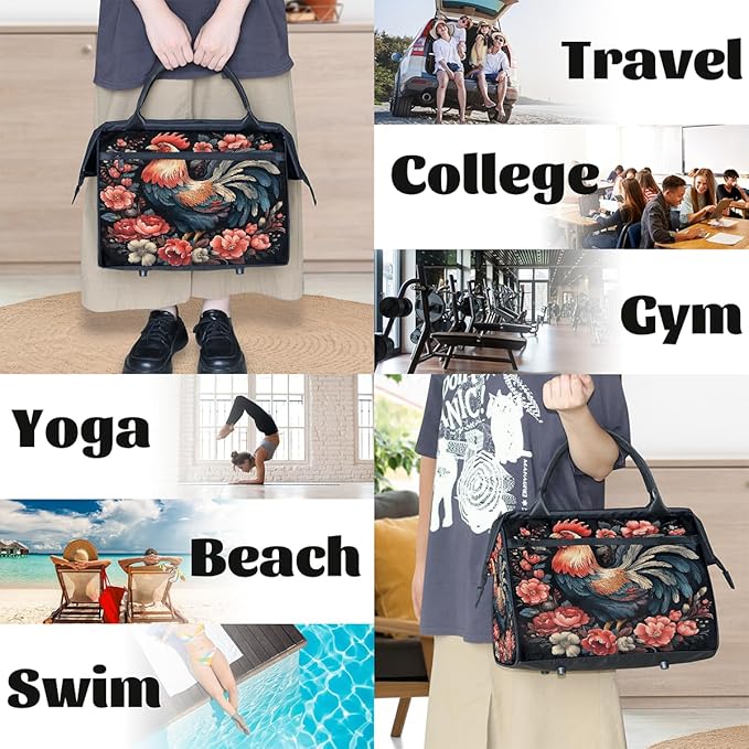Multipurpose Duffle Bag, Waterproof Carry On Bag with Spacious Design, Rooster Chicken Floral Gym Bags, 15.2x8.3x11.6in
