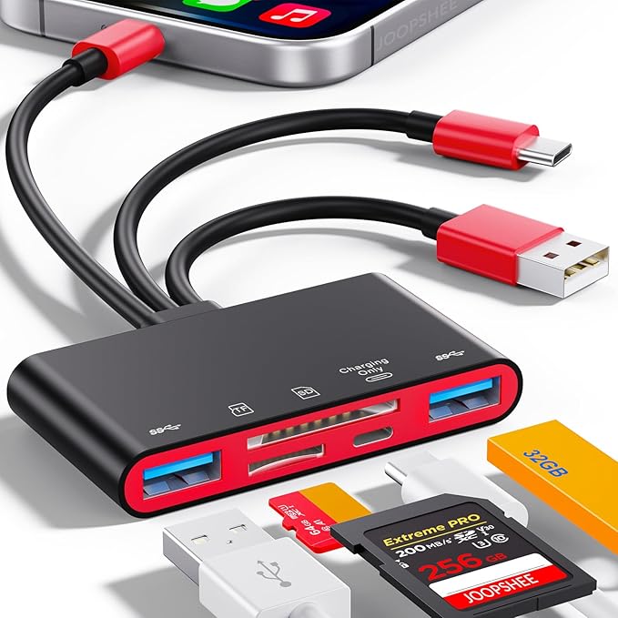 5-in-1 Memory Card Reader, USB OTG Adapter & SD Card Reader for i-Phone/i-Pad, USB C and USB A Devices with Micro SD & SD Card Slots, Supports SD/Micro SD/SDHC/SDXC/MMC(BlackRed)