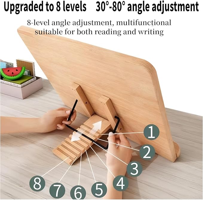 Bamboo Book Stand, Adjustable Reading Rest Holder, Natural Wood, Desktop Document Stand for Reading, Cooking (11x7.9inch)