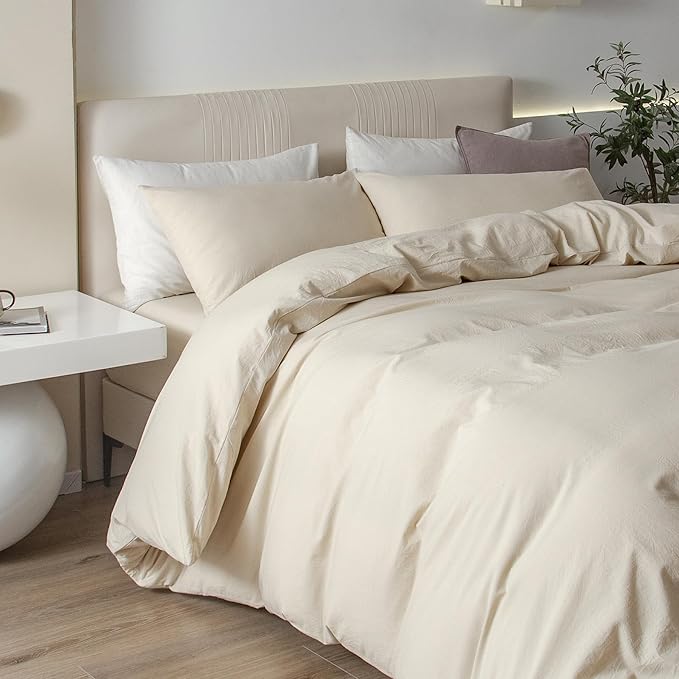 JIYUAN 100% Washed Cotton Duvet Cover Set 3 Pieces Oversized Queen, 1 Duvet Cover 98x98 Inches(Comforter Not Included) and 2 Pillowcases,Linen Feel Bedding Set Comfy and Breathable,Heathered Beige