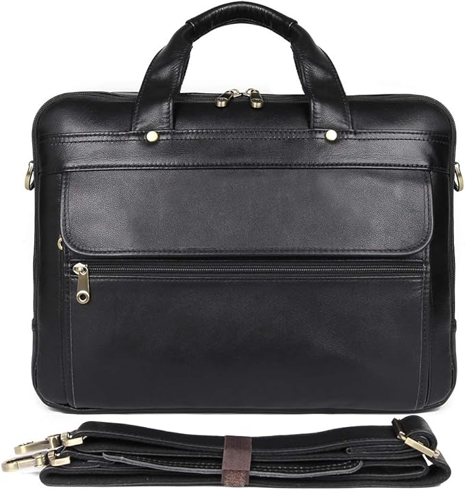 Augus Leather Briefcase for Men Business Travel Messenger Bags 15.6 Inch Laptop Bag, Black