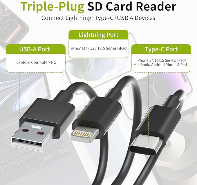 XD Card Reader for Olympus Fujifilm, 3-in-1 XD Picture Card Adapter with Lightning/USB-A/USB C for iPhone 17/16/15/14/13/12 iPad Android PC, Memory Cards Reader for SD/TF/XD Cards and Digital Cameras