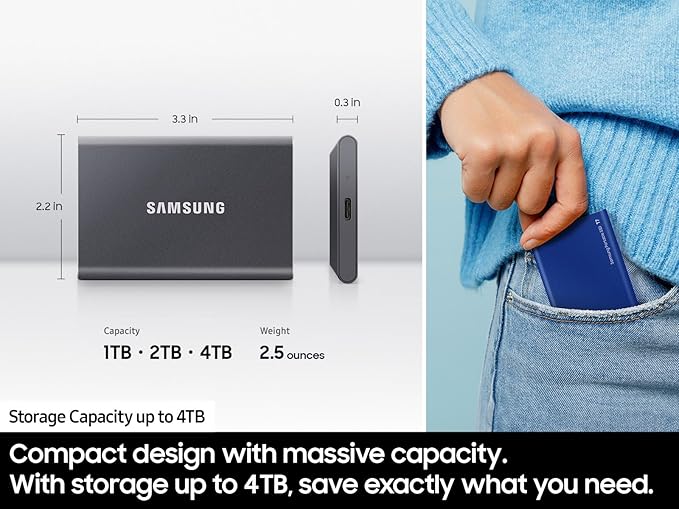 SAMSUNG T7 Portable SSD, 1TB External Solid State Drive, Speeds Up to 1,050MB/s, USB 3.2 Gen 2, Reliable Storage for Gaming, Students, Professionals, MU-PC1T0H/AM, Blue