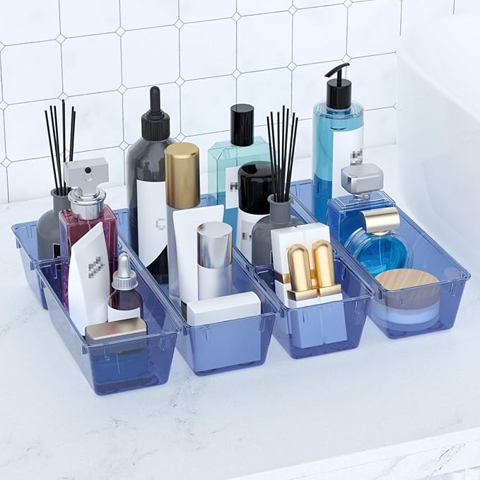 WOWBOX 6 Pack Clear Drawer Organizer Set, Acrylic Drawer Storage Trays, Storage Bins for Makeup, Cosmetics, Jewelries, Utensils, Gadgets, Office, Dark Blue