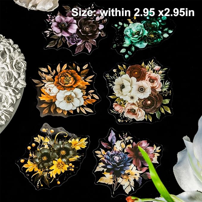 AuriicLeaf Blooming in The Dark Night PET Stickers, 120 Pcs Gothic Dark Floral Stickers for Scrapbooking, Journaling, Collage Supplies, and DIY Crafts