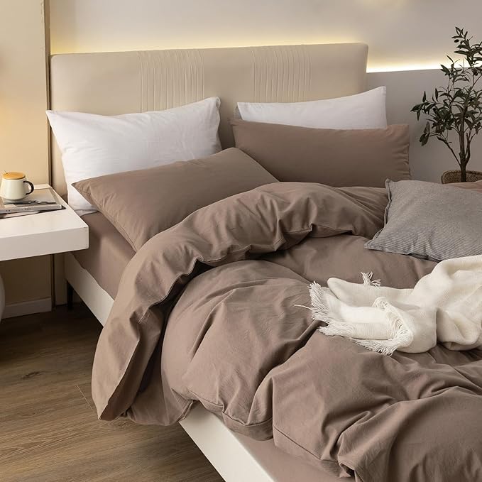 JIYUAN 100% Washed Cotton Duvet Cover Set 3 Pieces Super Queen, 1 Duvet Cover 90x98 Inches(Comforter Not Included) and 2 Pillowcases,Linen Feel Bedding Set Comfy and Breathable,Light Brown