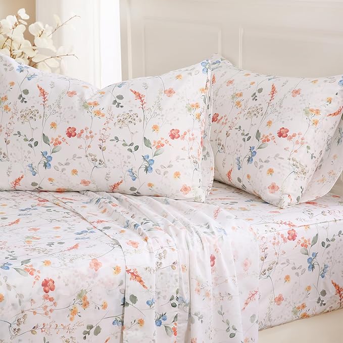Zusbest Floral Bed Sheets Full Size Percale Cotton Orange Blue Flower Sheets Set Green Botanical Printed on White Patterned Deep Pocket Sheets, Crisp Soft Breathable for Hot Sleepers, 4 Pcs, Full
