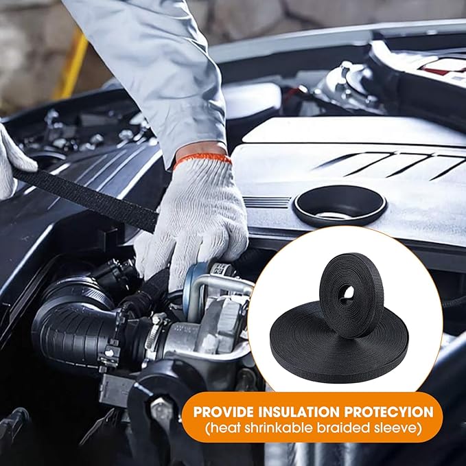 SUNNAREPOON Black 2:1 Ratio Automotive Heat Shrink Braided Sleeving,Wear-Resistant Flat Woven Shrinkable Sleeve Fabric Car Cable Wires Hoses Protection (1/2"-66ft)