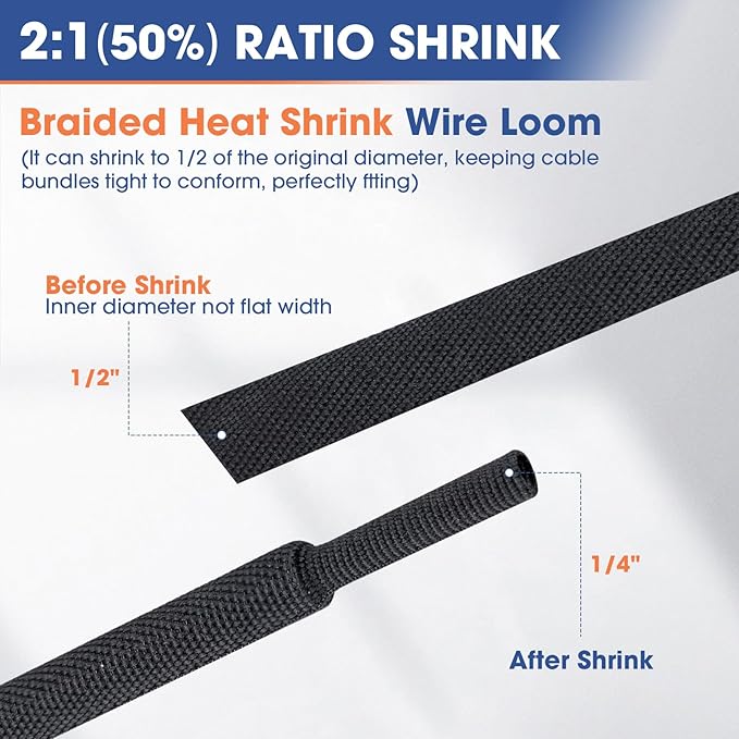 FOURUB 2:1 Heat shrinkable Braided Sleeving Fabric Wire Loom High Temp Heat Shrink Wiring Harness Abrasion Protector Cable Sleeve(1/2"-34ft)