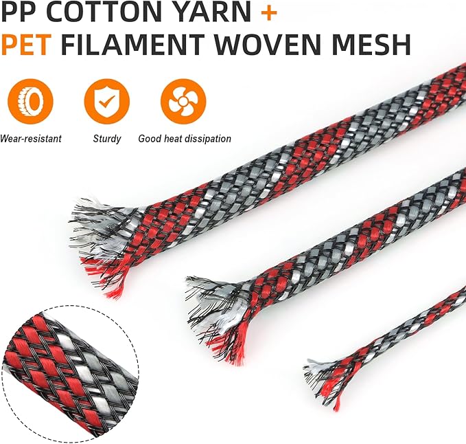 Braided Expandable Cable Sleeve, 25ft PP Cotton and PET Braided Cable Management, Flexible Mesh Wire Loom and Cable Protector for TV, Computer, Home Theater, Automotive (Red Grey White, 5/16")