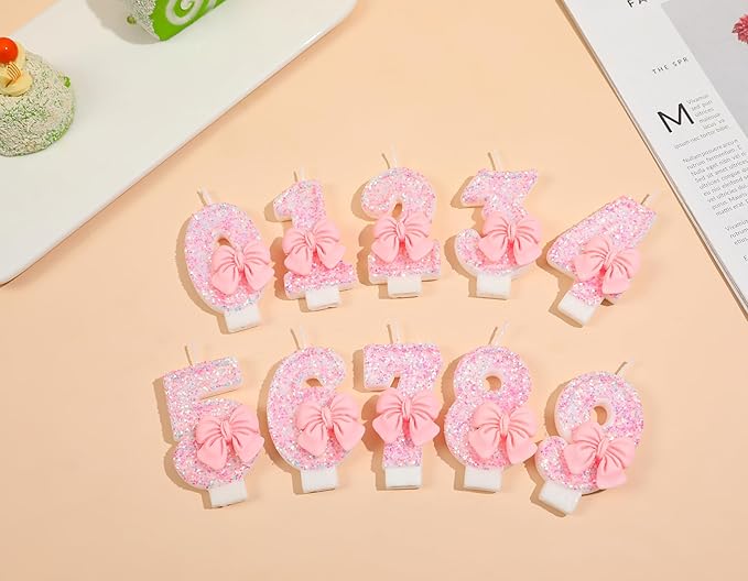 3 Birthday Candle with Pink Sequins and Bowtie, Pink 3 Cake Topper Decoration for Girls Pastel Sweet Theme Birthday Party or Adults Milestone Age