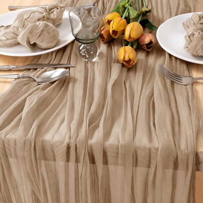 MLMC 3 Pack Nude Cheesecloth Table Runner 10ft Boho Rustic Gauze Taupe Cheese Cloth Table Runner Neutral Decor 35x120 Inches for Wedding Reception Outdoor Party Decor