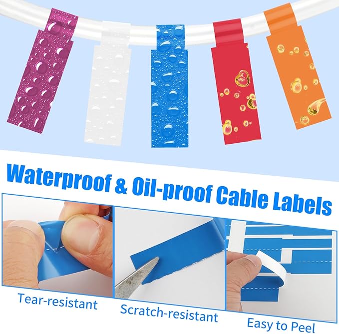 540 pcs Cable Labels, 9 Colors Cord Label, Waterproof Cables Tags, Self Adhesive Wire Labels, Cables Tags Printable for Laser Printer and Handwriting, Electronics Cable Management