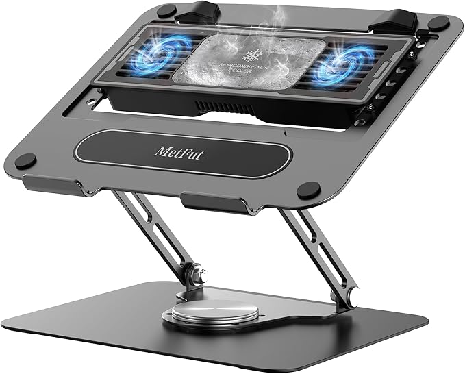 Metfut Laptop Cooling Pad with Detachable Fan & Thermoelectric Cooler, Adjustable Height & Angle, 360 Rotation Base, Carbon Steel Framework, Ultra-Quiet & Super Sturdy for up to 15.6” Laptop