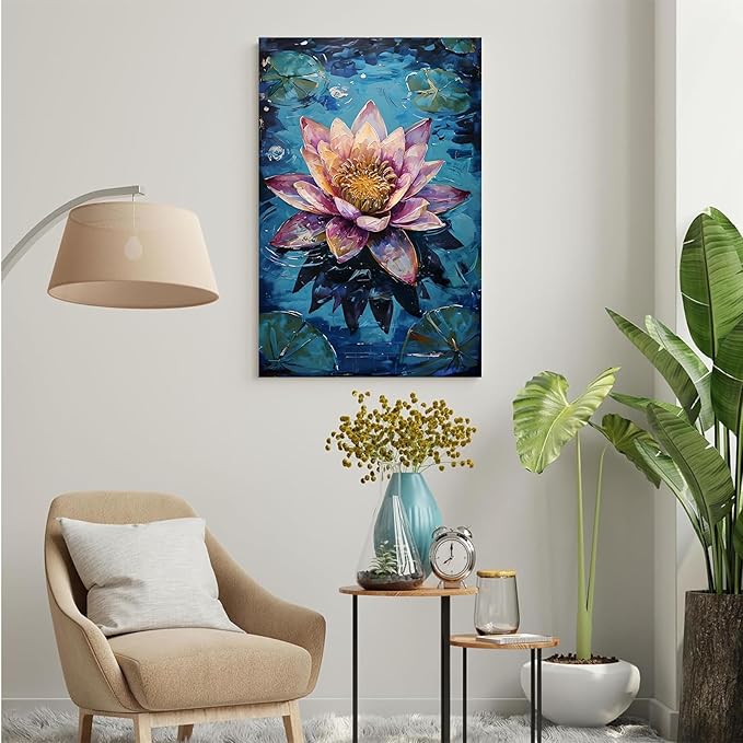 Gorgeous pink and purple water lilies on deep blue water Eye-catching oil painting Serene aquatic wall art for modern home decor 16x24in Wood Framed