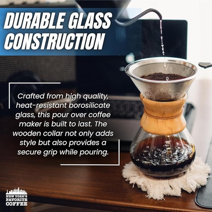 New York's Favorite Coffee - 6 Cup Pour Over Coffee Maker,Borosilicate Glass Carafe with Wooden Collar,Drip Coffee Brewer for Home & Office,Dishwasher Safe