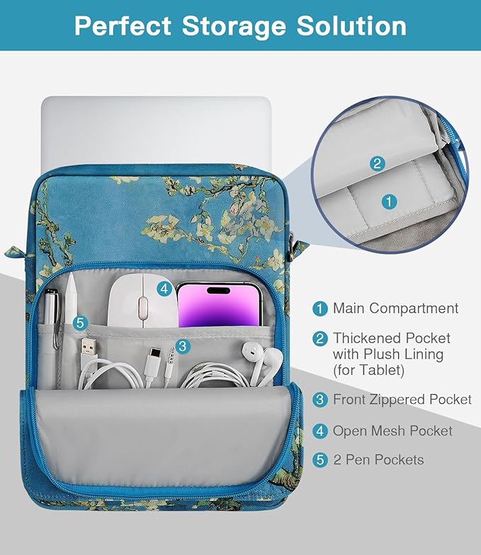 MoKo 15 Inch Laptop Sleeve Bag Fits MacBook Air 15" M2 2023, MacBook Pro 14" M2 2023, Galaxy Tab S9 Utra 14.6" 2023, Handle Carrying Case with Shoulder Strap, Apricot Flower