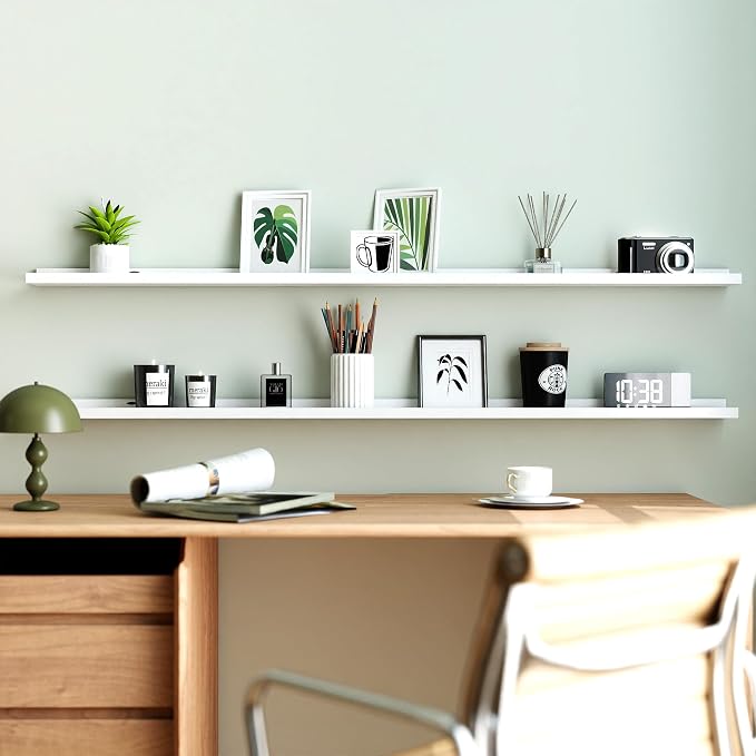 White Floating Shelves for Wall Decor, Long Wall Mounted Storage Shelf for Bedroom, Living Room, Bathroom, Kitchen, Nursery, Display Picture Ledge Shelf with Lip Set of 2-56 Inches, White